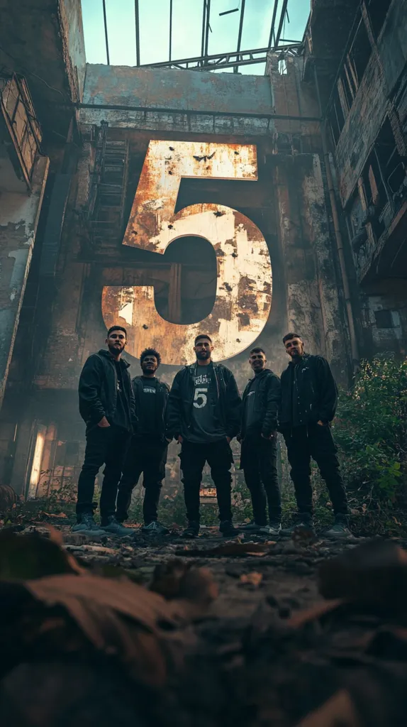Five young men stand in front of a large, weathered, metallic "5" in an abandoned building. The building is dilapidated, with peeling paint and broken windows. The men are dressed in casual clothes and stand with their feet apart. The image is dark and moody, conveying a sense of mystery and intrigue.