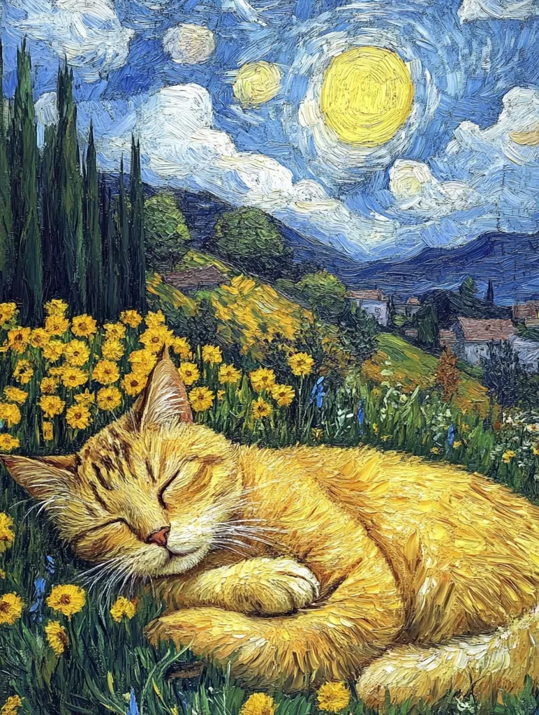 A ginger cat sleeps peacefully in a field of yellow flowers.  The sky is painted in the style of Van Gogh, with swirling blue and white clouds and a bright yellow sun. The cat's fur is a similar shade of yellow to the flowers, blending in with the landscape. The scene is peaceful and serene.