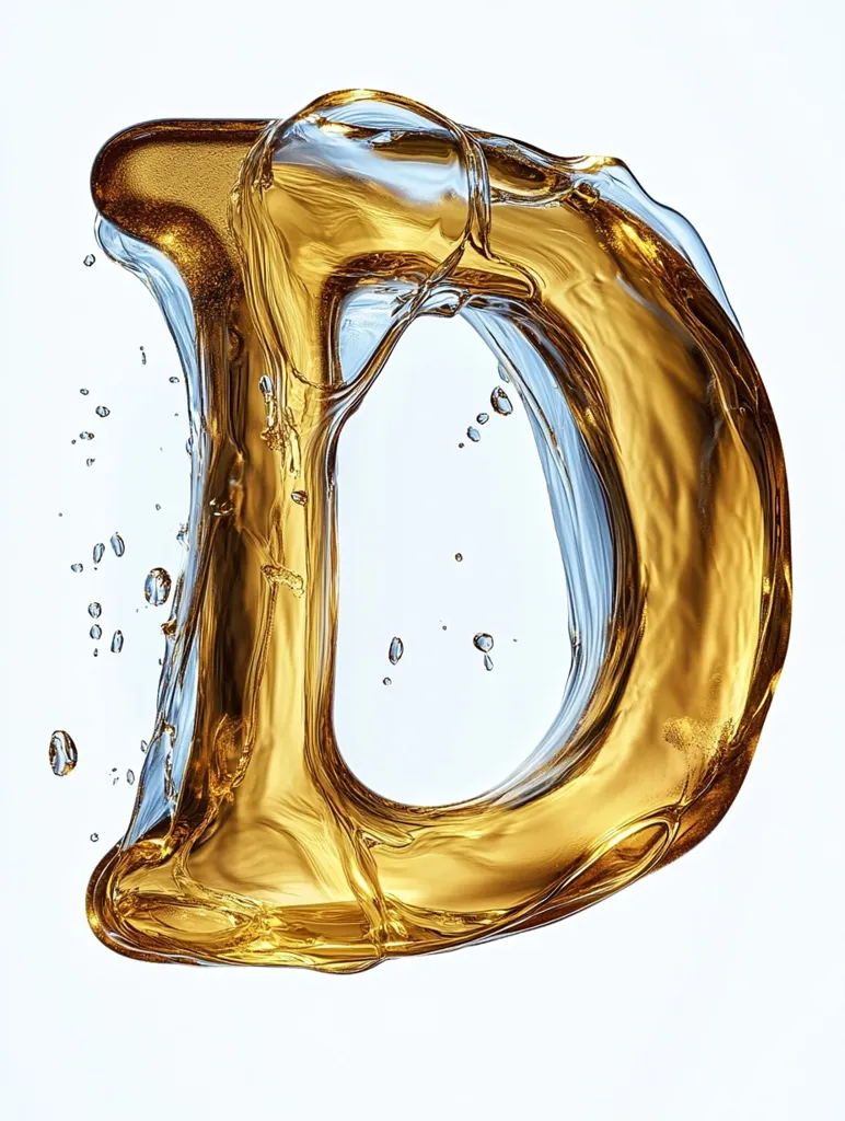 The image shows the letter "D" formed from a golden liquid, likely honey or oil. The liquid is flowing and splashing, creating a dynamic and visually interesting shape. The background is white, highlighting the golden liquid.  There are tiny droplets of the liquid scattered around the letter. The image is bright and vibrant, showcasing the beauty of the liquid in motion.