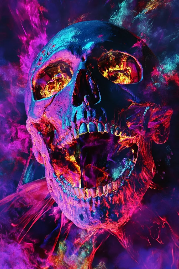 The image shows a human skull with glowing eyes and an open mouth, illuminated with vibrant colors. The skull is surrounded by colorful, swirling smoke-like tendrils, creating a surreal and otherworldly atmosphere. The colors are intense and dynamic, evoking feelings of both beauty and dread.