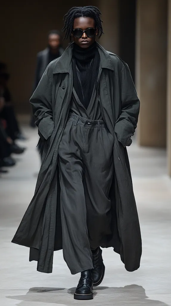 A young man with short black hair and sunglasses walks down a runway. He is wearing an all-black outfit: a long, flowing coat with a black turtleneck and matching pants. His shoes are chunky black boots.  The background is blurred and white, emphasizing the model's outfit. The lighting is bright and the image is sharp, making the model's outfit stand out.