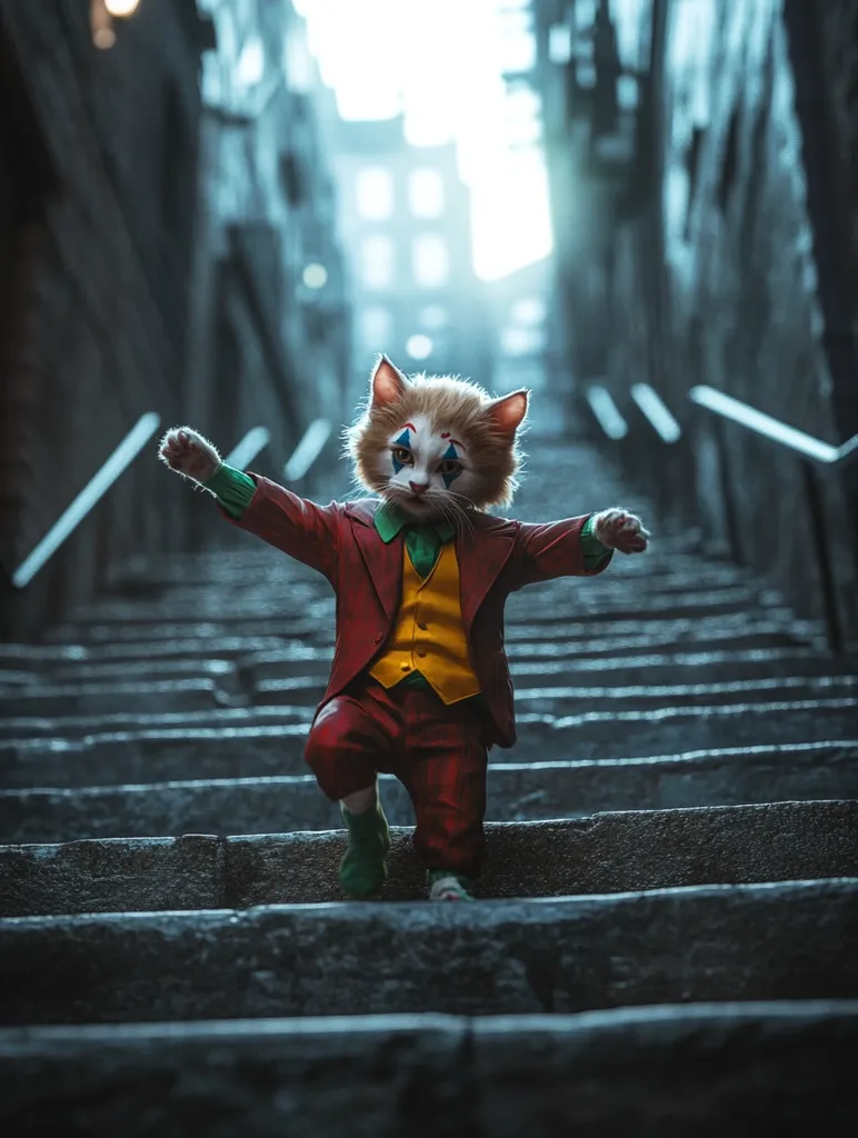 A cat dressed as the Joker from the movie "Joker" is walking up a set of concrete stairs. The cat has a red and yellow suit with a green vest. The cat is looking forward with a mischievous expression on its face. The stairs are in a dark alleyway, and the light is coming from the top of the stairs. The cat is making its way up the stairs, as if it is heading to a destination that is unknown to the viewer. The image is a humorous and whimsical take on the Joker character.