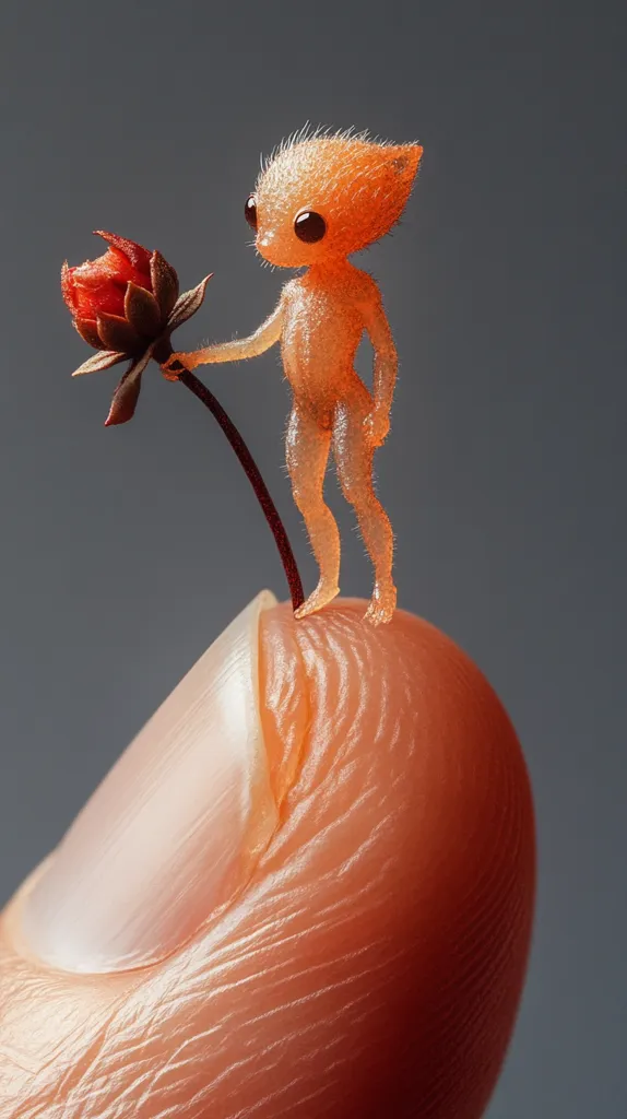 A tiny, orange, humanoid creature stands atop a fingertip, holding a small red flower. The creature has large, dark eyes and is translucent, revealing its inner structure. The fingertip is textured and appears to be flesh-colored. The background is a simple gray. The image creates a whimsical and surreal juxtaposition between the miniature figure and the human hand.