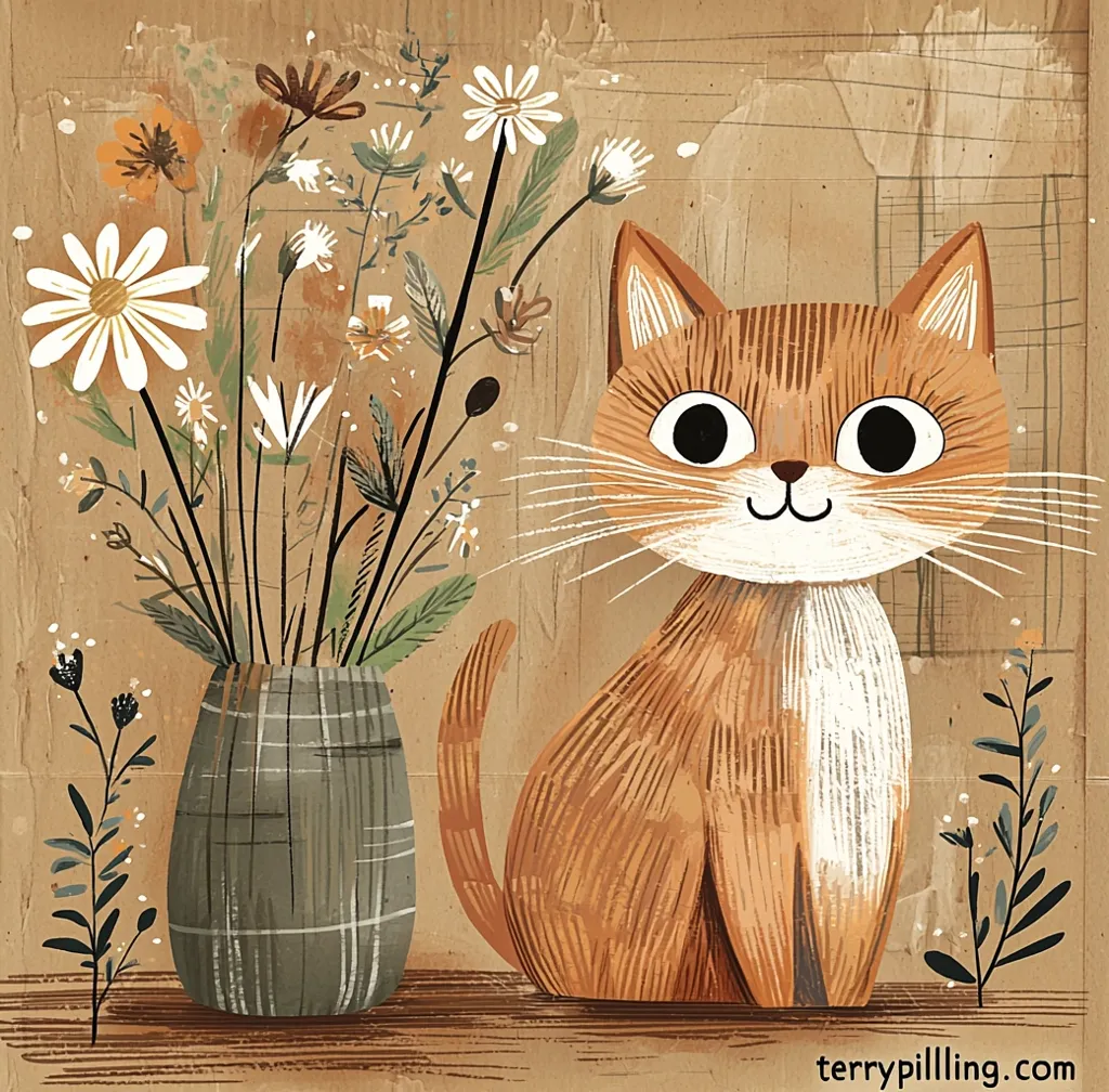 A cute orange cat sits beside a vase of white flowers on a rustic wooden table. The cat has large, round eyes and a sweet smile. The flowers have delicate white petals and green leaves. The background is a warm brown, suggesting a cozy and inviting atmosphere. The image has a simple, charming style and evokes a sense of peace and contentment.