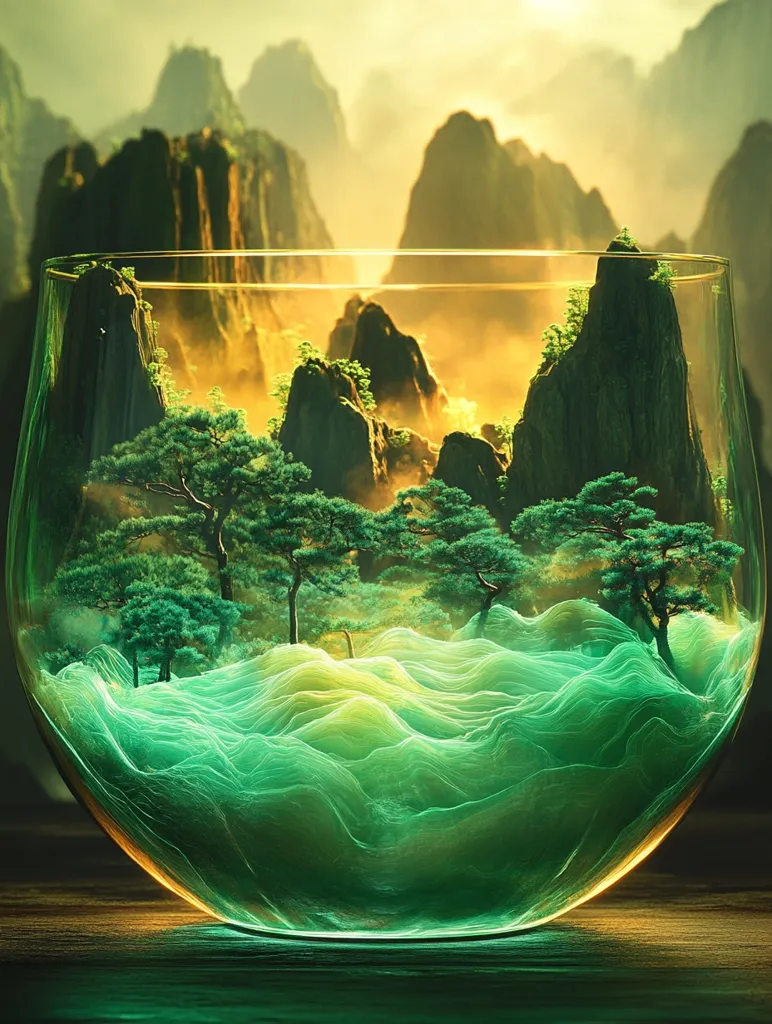 A large glass bowl sits on a wooden surface, containing a miniature landscape. Lush green hills and mountains are surrounded by trees, resembling a scene of nature captured within the glass. The background features a hazy view of a larger mountain range, suggesting the miniature landscape is a representation of a broader world. The warm glow of sunlight filtering through the glass creates a sense of tranquility and wonder.