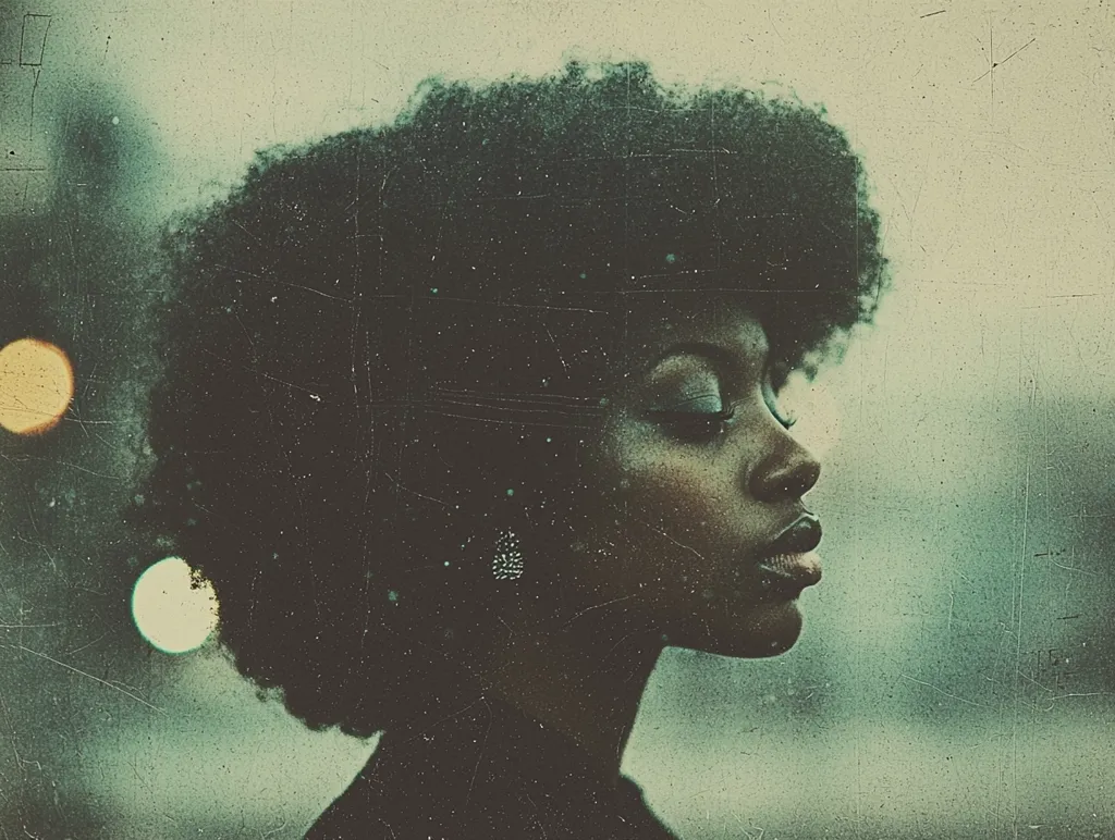 The image is a close-up portrait of a young Black woman with a large afro. The woman's face is in profile and she is looking down with a thoughtful expression. She has dark skin and her eyes are closed. Her hair is thick and voluminous and it obscures most of her face. The image has a vintage, grainy texture, as though it was taken on old film. There are a few out-of-focus lights in the background. The lighting is soft and diffused. The overall tone of the image is somber and introspective.