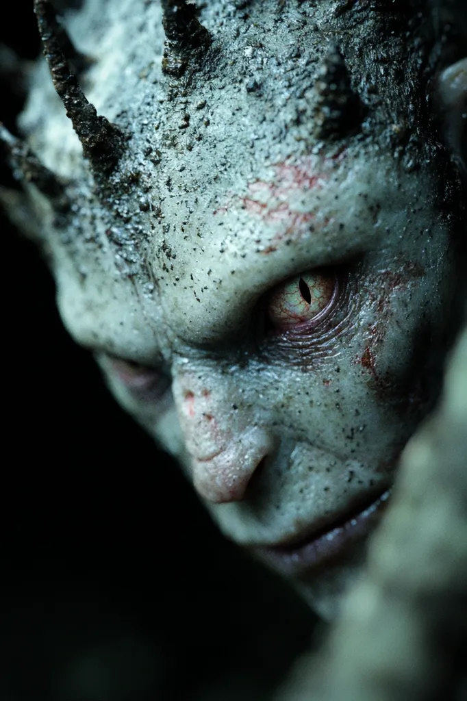 The image shows a close-up of a monstrous creature's face. The creature's skin is grey and covered in dirt and grime. It has a single, bright yellow eye and a large, bulbous nose. The creature's lips are parted slightly, revealing a set of sharp teeth. The overall effect is one of menace and evil.