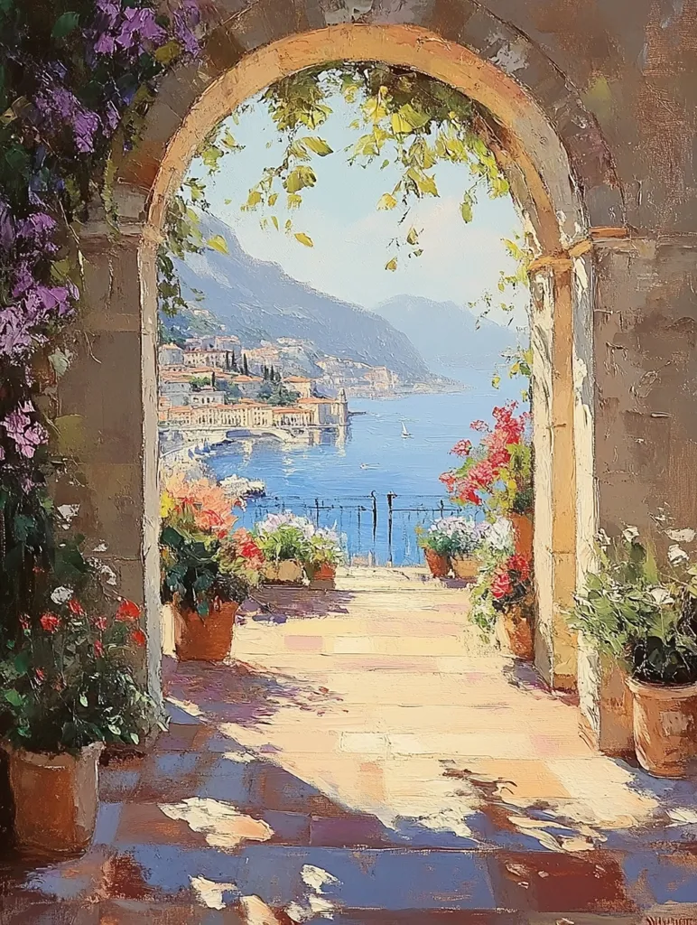 A stone archway frames a view of a picturesque seaside town. The archway is adorned with lush greenery, while the town stretches across a bay, with colorful buildings and a sailboat in the distance. The scene is bathed in warm sunlight, casting long shadows on the stone patio and creating a sense of tranquility. The artist's brushstrokes add texture and depth to the scene, capturing the beauty of the Italian coast.