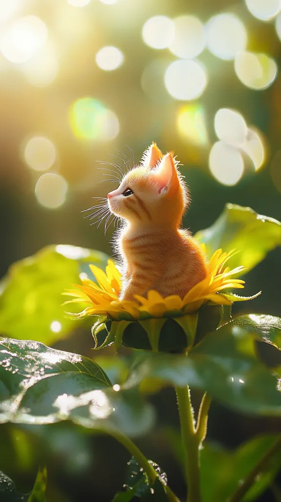 A small orange tabby kitten sits on a large yellow sunflower, looking up towards the sun.  The sunflower is in full bloom, with its petals spread wide.  The background is out of focus, but it appears to be a lush green field.  The image is warm and inviting, with a feeling of peace and joy.  The kitten's playful expression adds to the image's charm.  The overall effect is that of a sweet and gentle scene.