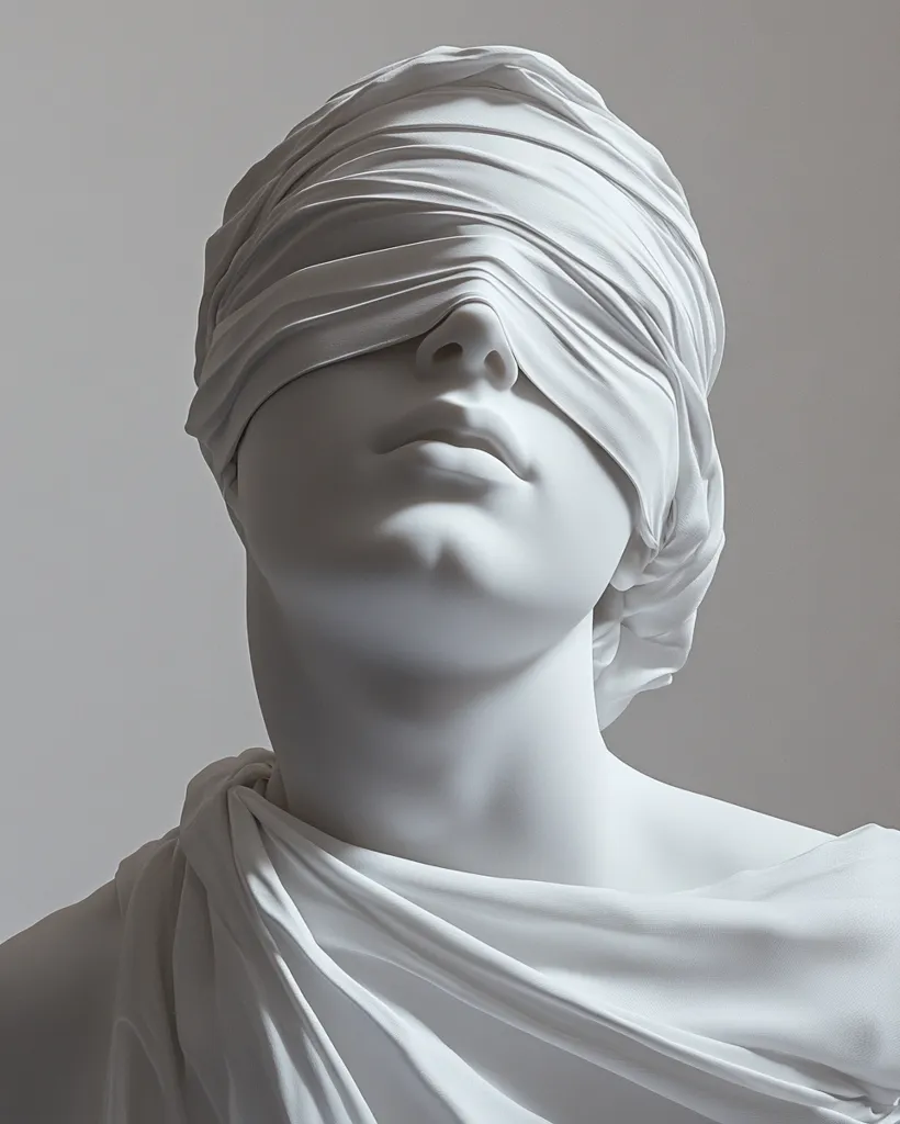 A white marble bust of a woman with her eyes covered by a cloth blindfold. The bust is sculpted in a realistic style, with intricate details in the folds of the cloth and the woman's facial features. The lighting is soft and highlights the smooth surface of the marble. The bust evokes a sense of mystery and contemplation.