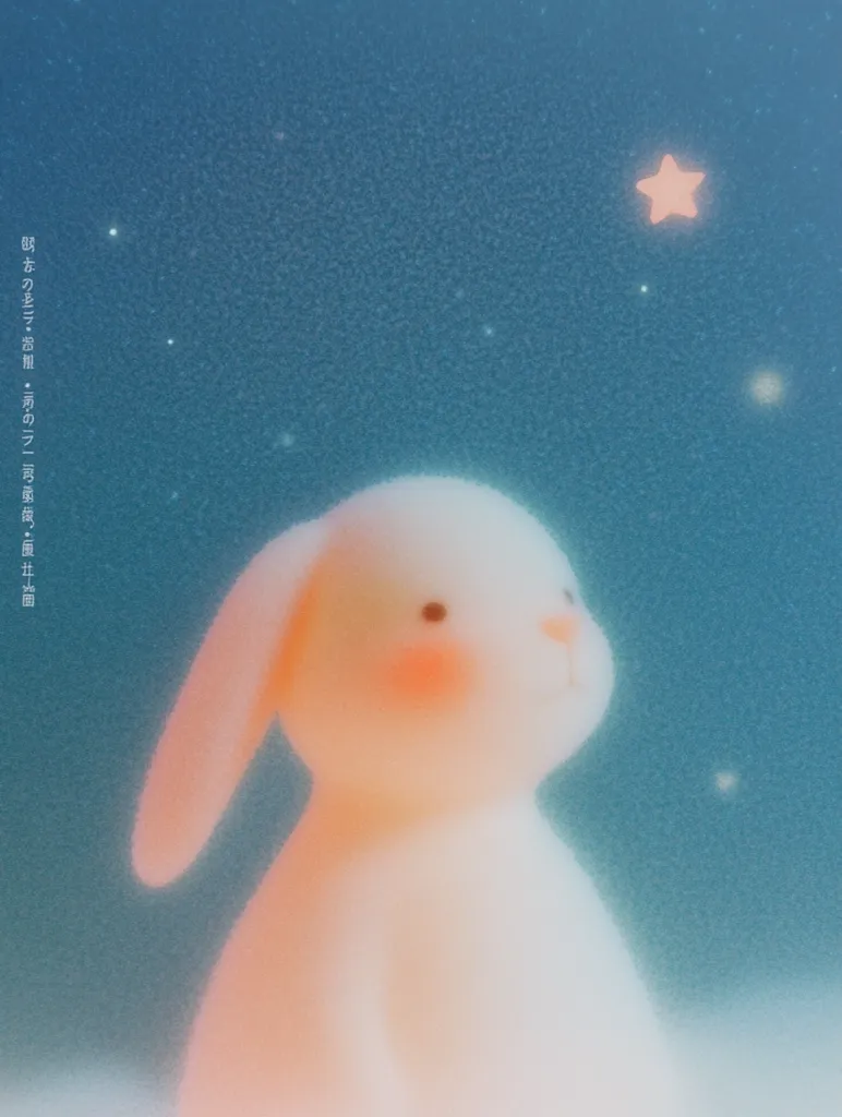 A soft, blurry image of a white bunny with pink cheeks, looking up at a single, bright, yellow star in a blue night sky. The sky is filled with tiny, twinkling stars. The bunny is the only object in the foreground, creating a sense of peace and solitude.