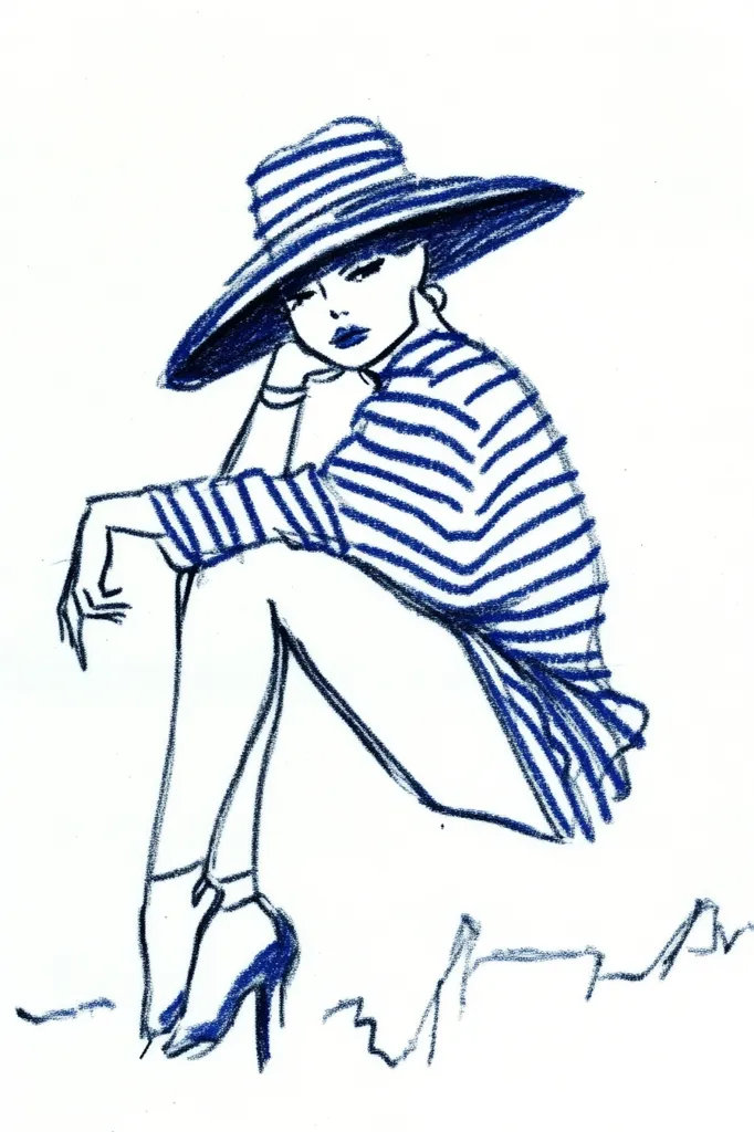 The image depicts a woman in a striped shirt and a wide-brimmed hat. Her legs are crossed as she sits with one hand resting on her chin. Her face is partially obscured by the hat, but her features can be seen as she looks towards the viewer. The woman is drawn in blue pencil on a white background. The drawing is simple yet stylish. The woman's pose is elegant and conveys a sense of relaxation and confidence.