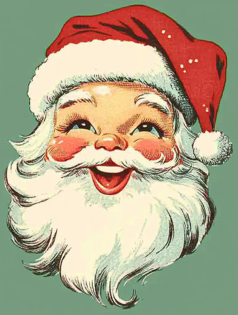 A cartoon image of Santa Claus with a red hat and white beard. He is smiling widely with his eyes closed. The image is set against a green background. The image appears to be a vintage illustration.