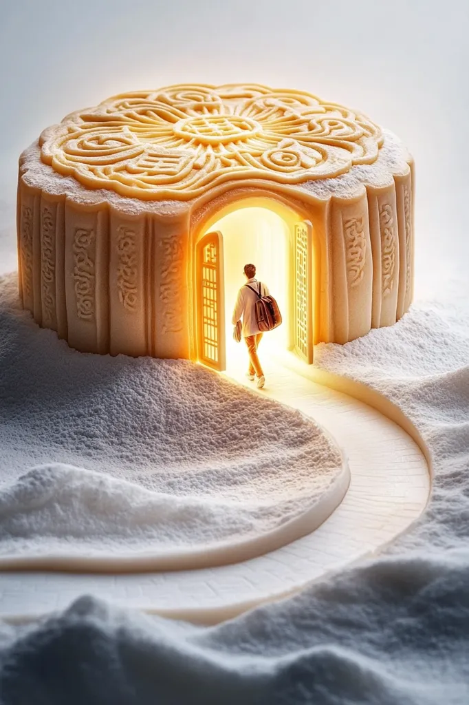 The image shows a large, intricately patterned mooncake with a glowing doorway carved into its side. A miniature man with a backpack walks towards the door, which leads to a path carved into a powdered sugar landscape. The scene is surreal and whimsical, suggesting a journey into a world of sweetness and wonder.