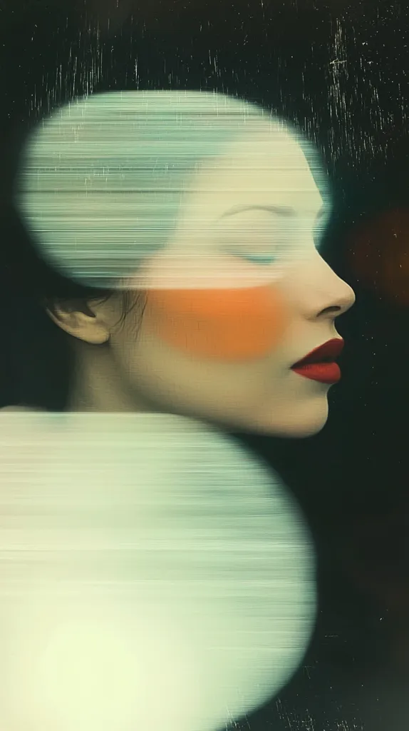 A close-up shot of a woman's face, partially obscured by a large, white, horizontally striped oval shape. The woman is looking to the side, her eyes closed and her lips painted a bright red. Her cheek is highlighted by a soft orange glow, creating a dreamy and ethereal effect. The background is a dark, textured surface. The image evokes a sense of mystery and introspection.