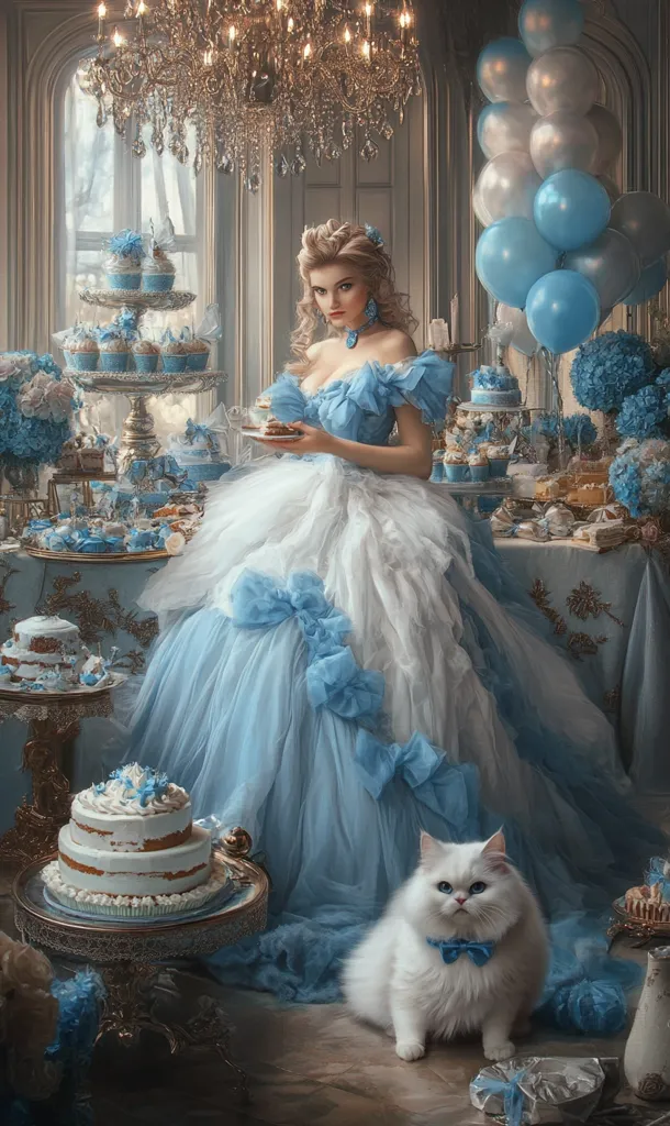 A woman in a beautiful blue and white dress sits in a grand room surrounded by pastel-colored decor. She has a bouquet of flowers in her hair and is holding a cup of tea. In the foreground, a white cat with blue eyes and a bow tie sits calmly on the floor. The scene is filled with delicate details, including a chandelier, cakes, and a cluster of blue and white balloons. The overall atmosphere is elegant and whimsical, creating a sense of fairytale charm.