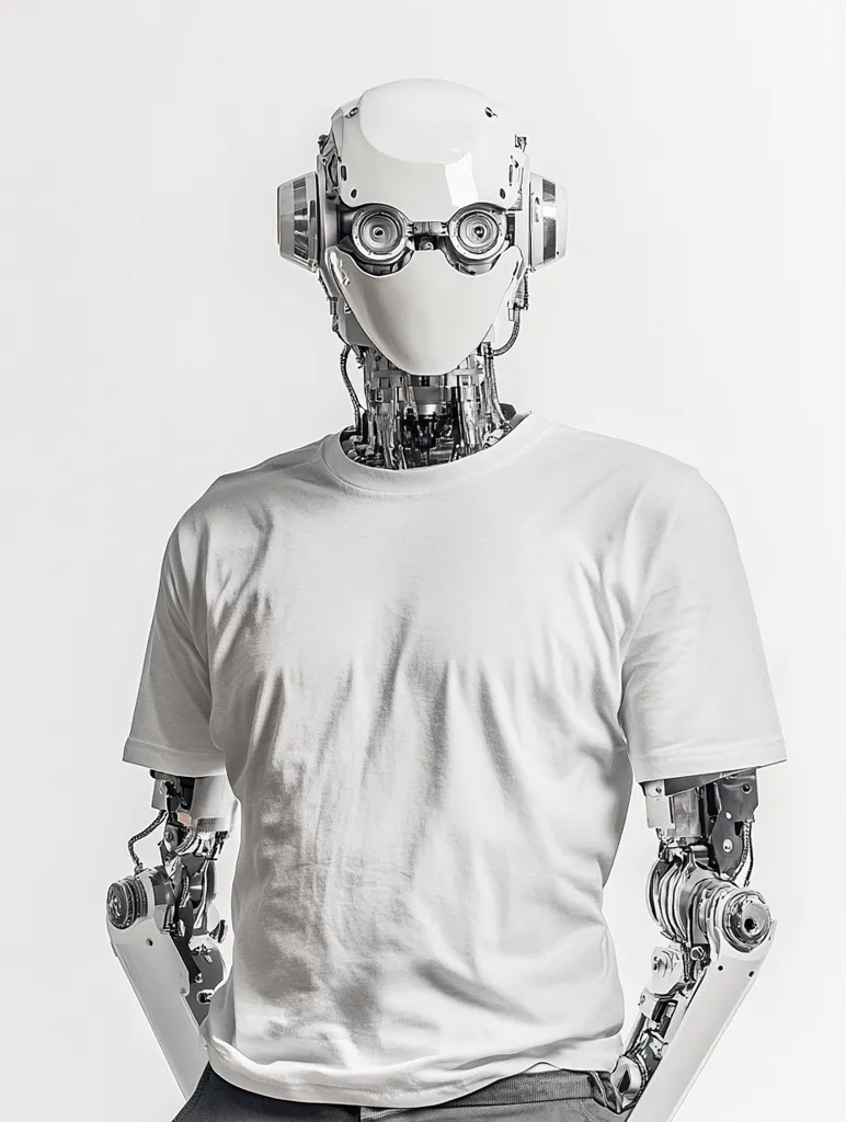 A humanoid robot with a white, smooth head and large, circular eyes is wearing a white t-shirt and has robotic arms exposed. The robot has a sleek, futuristic design and is standing against a plain white background. The image evokes a sense of curiosity and wonder about the future of artificial intelligence.
