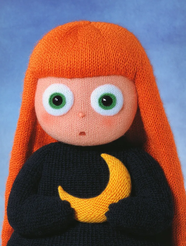 A knitted doll with long orange hair and large green eyes is wearing a black sweater and holding a yellow crescent moon in her arms. She has a surprised expression on her face. The doll is set against a blue background.  The image is simple and whimsical.