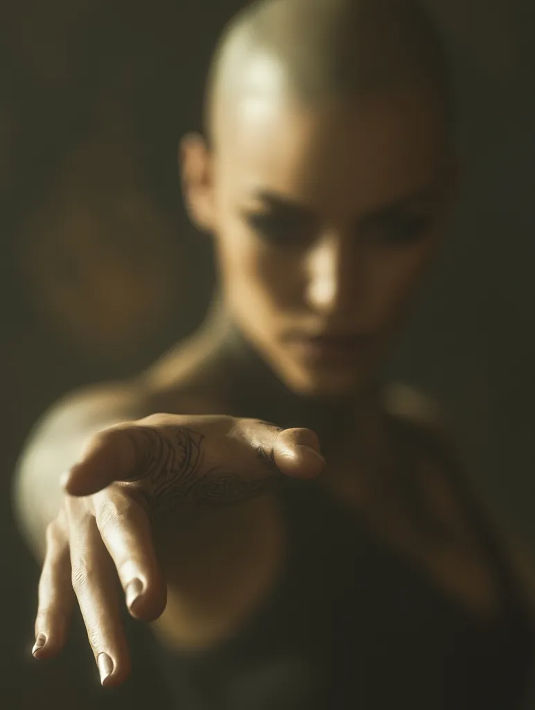 A bald woman with a tattoo on her hand reaches out towards the viewer with a soft focus. The background is dark and blurred, creating a sense of mystery and intrigue. Her expression is intense and focused, drawing the viewer into her gaze. The image evokes a sense of power and confidence, with a hint of vulnerability.  The lighting is soft and warm, illuminating the woman's features and enhancing her beauty.