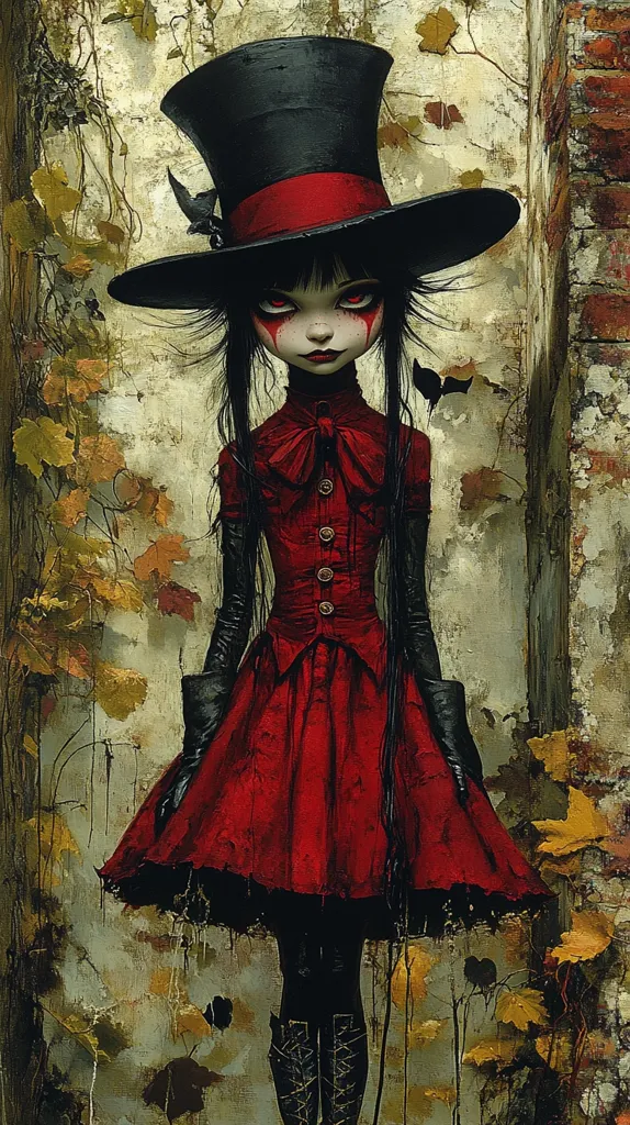 The image depicts a dark and gothic-inspired doll-like figure with long black hair, wearing a red dress and a black top hat. The doll's red eyes and black makeup enhance her eerie appearance. The background is a blend of autumnal leaves and faded brickwork, adding to the overall whimsical and macabre aesthetic. The figure's pose and expression create an air of mystery and intrigue, hinting at a hidden story.