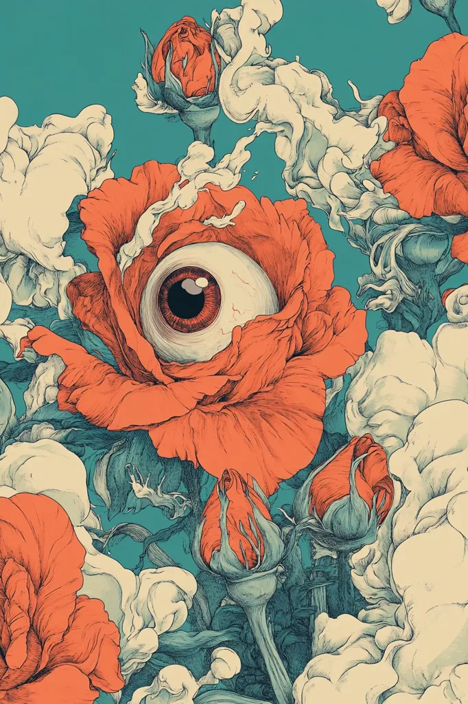 A surreal and detailed illustration depicts a large, vibrant red rose with a human eye in the center. The rose is surrounded by other roses in various stages of bloom, all against a teal background. The roses are rendered in a delicate line style, with wispy white clouds surrounding them, creating a dreamy and ethereal atmosphere. The eye appears to be staring out from the rose, adding an element of mystery and intrigue to the composition.