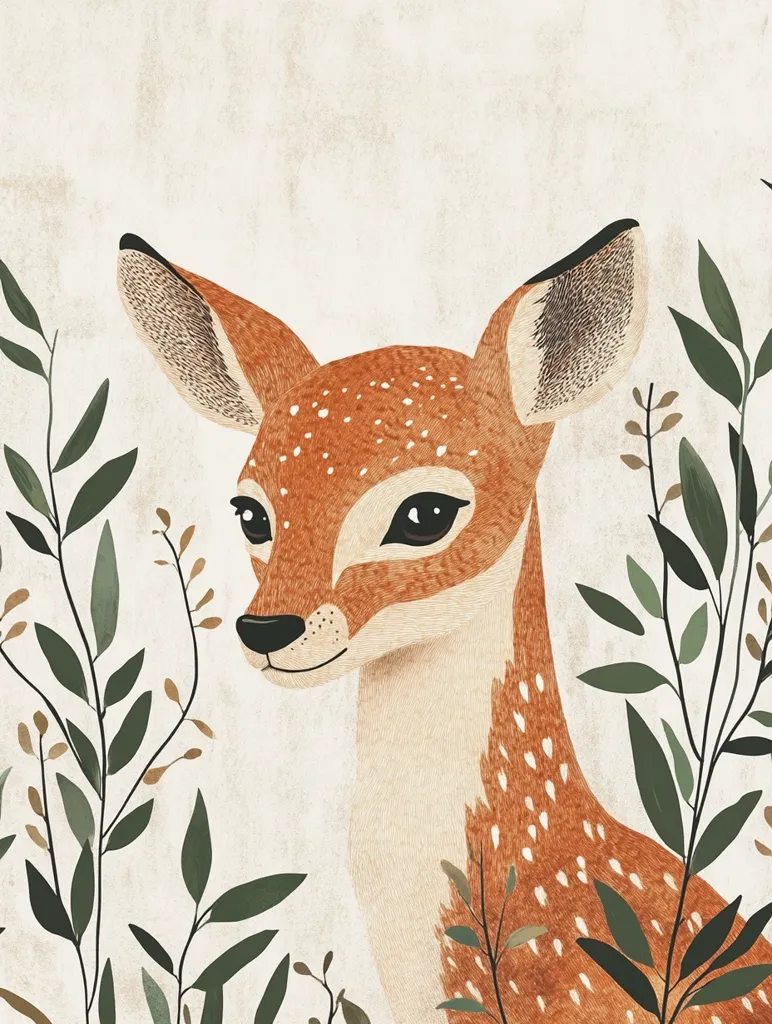 The image depicts a close-up of a fawn with large, expressive eyes and a soft, fawn-colored coat with white spots. The fawn is nestled among green leaves, creating a sense of tranquility and harmony with nature. The artwork has a gentle, whimsical style, capturing the innocence and beauty of the animal. The background is a soft, beige color, adding to the overall serenity of the scene.