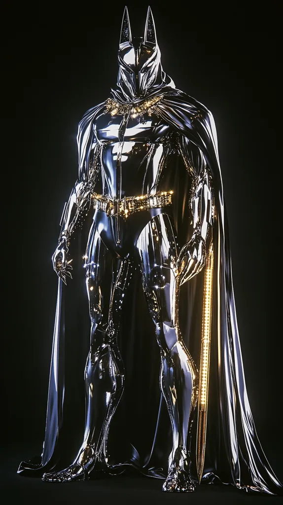 The image depicts a chrome-plated Batman, a dark knight with a sleek and futuristic design. His black cape, lined with gold, flows around him, adding a touch of grandeur. His mask and suit gleam under the subtle lighting, highlighting his sharp edges and imposing presence. The intricate details of his metallic armor are visible, showcasing the artistry and technology behind his design. He stands confidently, a symbol of justice and power in the realm of futuristic fantasy.