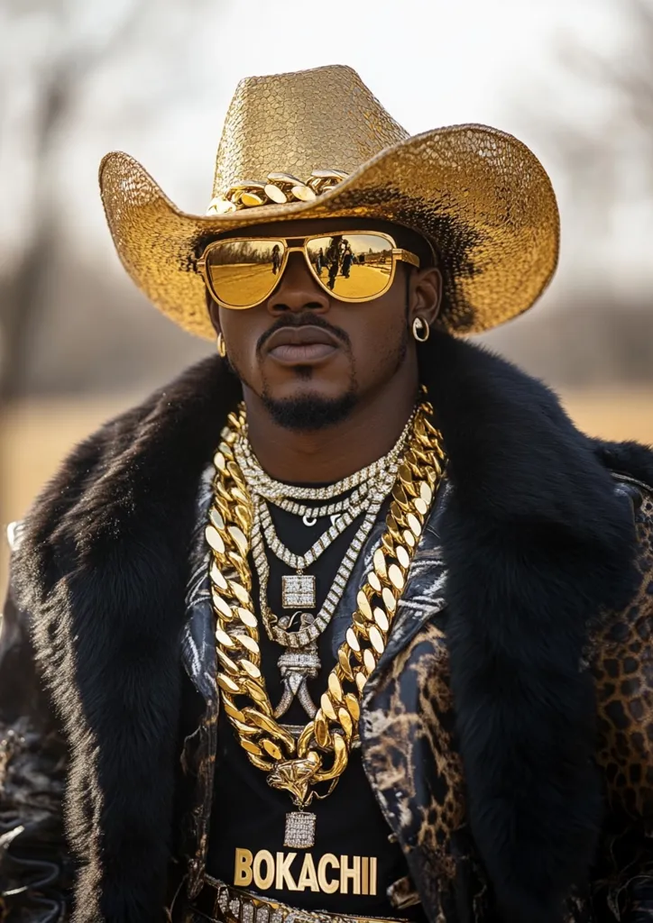 A man with a serious expression is wearing a large gold cowboy hat, sunglasses, and a fur-trimmed jacket. Multiple gold chains adorned with diamonds hang around his neck. A gold belt with the word "Bokachii" engraved on it is visible at the bottom of the frame. The man's style is extravagant and luxurious.  The image is likely a portrait of a rapper or a fashion icon.