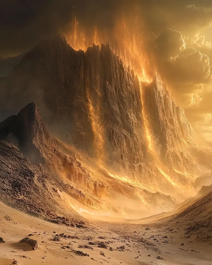 A large, jagged mountain stands tall against a stormy sky. The mountain is a warm, golden color, with streaks of fire-like light cascading down its face. The sky above is a mix of dark clouds and bright, fiery clouds. The scene evokes a sense of power and mystery, as if a great force is at work. The scene is likely a fantasy or sci-fi depiction.