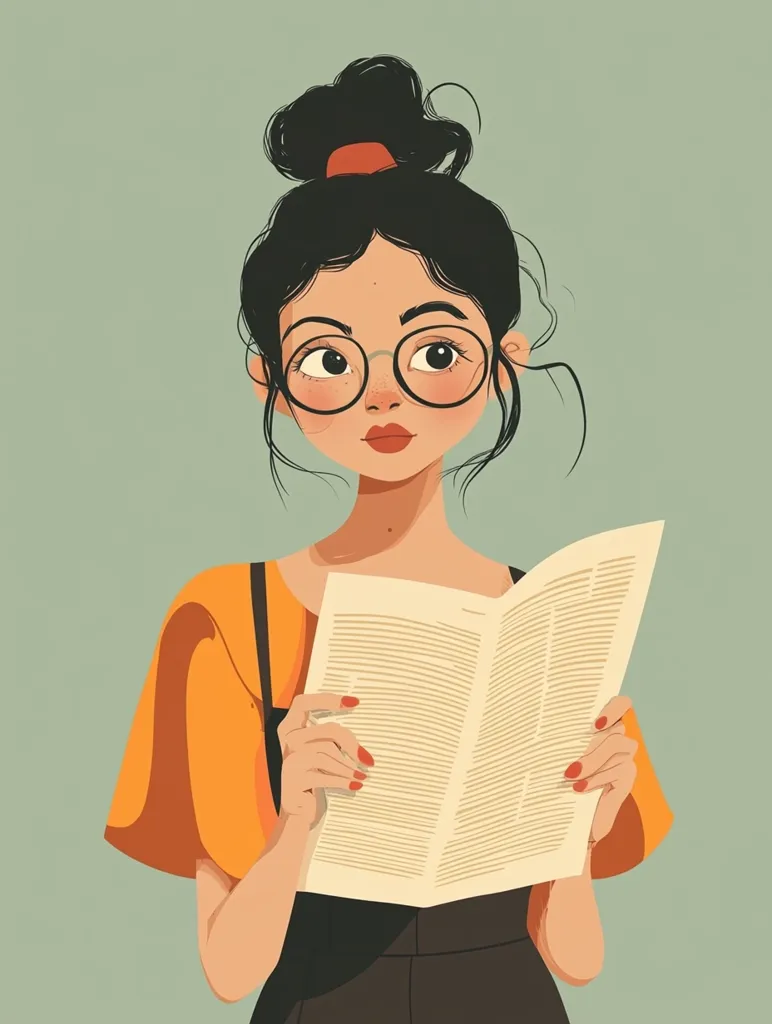 The illustration depicts a young woman with dark hair styled in a bun, wearing round glasses and a yellow shirt. She is holding a newspaper open in front of her, her gaze directed towards the top right corner of the image. The woman's expression is thoughtful and her lips are slightly parted, suggesting she is engrossed in the article.  The background is a simple solid color, highlighting the figure and creating a minimalist aesthetic.