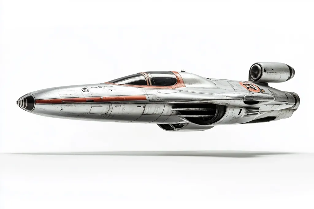 The image shows a futuristic, sleek spaceship with a silver and orange color scheme. The spaceship is designed with a long, narrow fuselage, a single cockpit, and a pair of engines located at the rear. It has a sharp, angular nose and distinctive wing design. The spaceship appears to be hovering in mid-air, suggesting it is capable of flight. The image is rendered in a high-quality, realistic style, creating a sense of detail and depth.