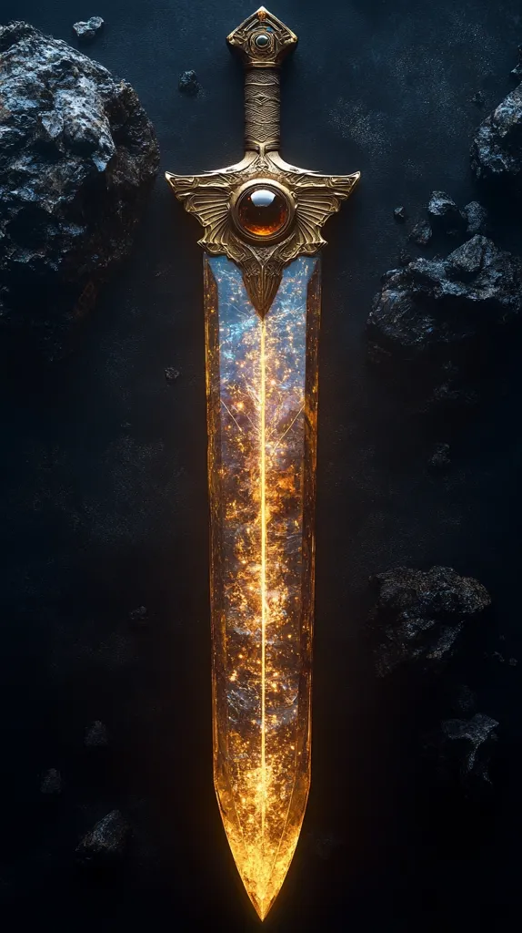 A golden sword with a glowing amber gem embedded in its hilt, rests on a dark background, surrounded by rough, dark rocks. The sword's blade appears to be made of crystal, filled with sparkling golden light. The image evokes a sense of power, magic, and ancient lore.
