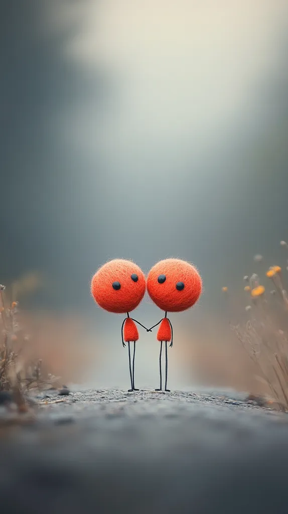 Two small, fuzzy, orange figures stand hand in hand on a rocky surface. Their bodies are round, with black stick arms and legs. The background is blurry and hazy, with a few small yellow flowers. The figures are facing each other, suggesting a sense of love or friendship. The overall tone is whimsical and sweet.