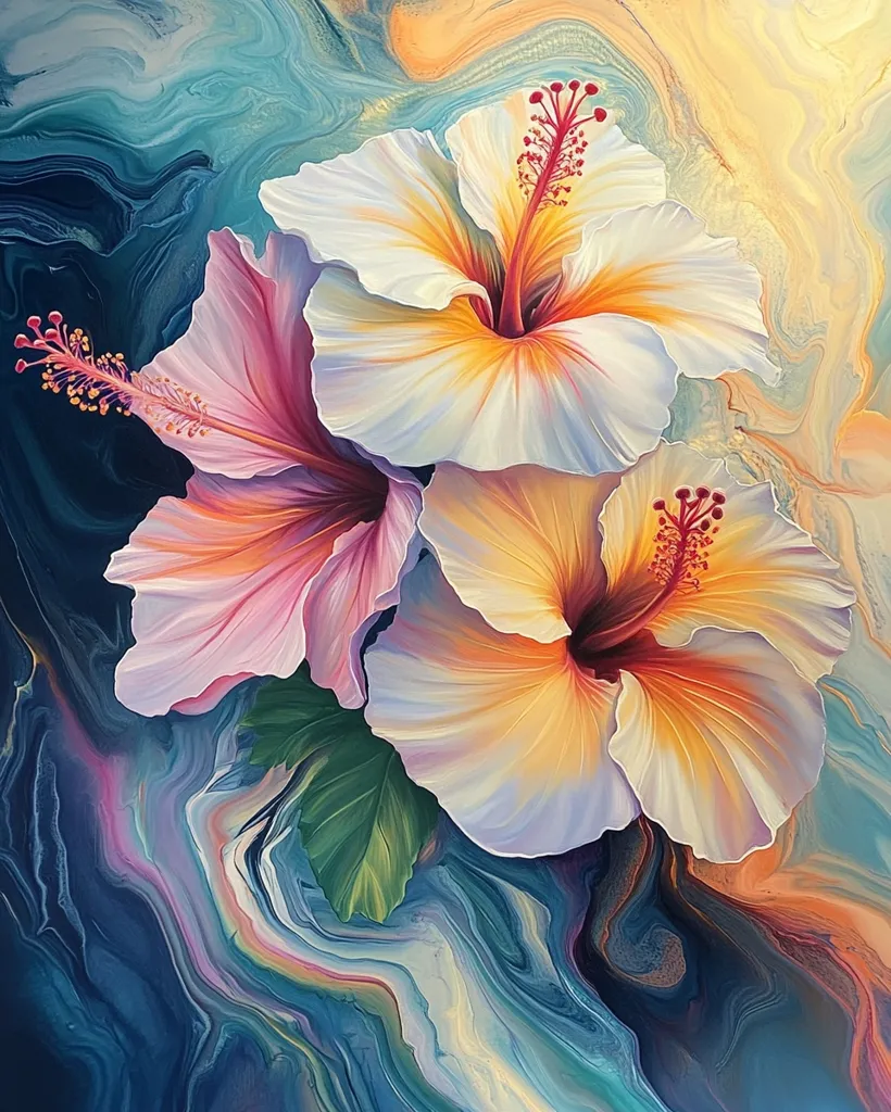 The image depicts a vibrant and colorful painting of two hibiscus flowers with swirling, abstract background. The hibiscus flowers are in full bloom, showcasing their delicate petals and contrasting colors. The background is a mesmerizing blend of blue, green, and yellow hues, resembling liquid marble. The overall effect is a harmonious balance between the floral beauty and the dynamic backdrop. The artwork evokes a sense of tranquility and celebration of nature's artistry.