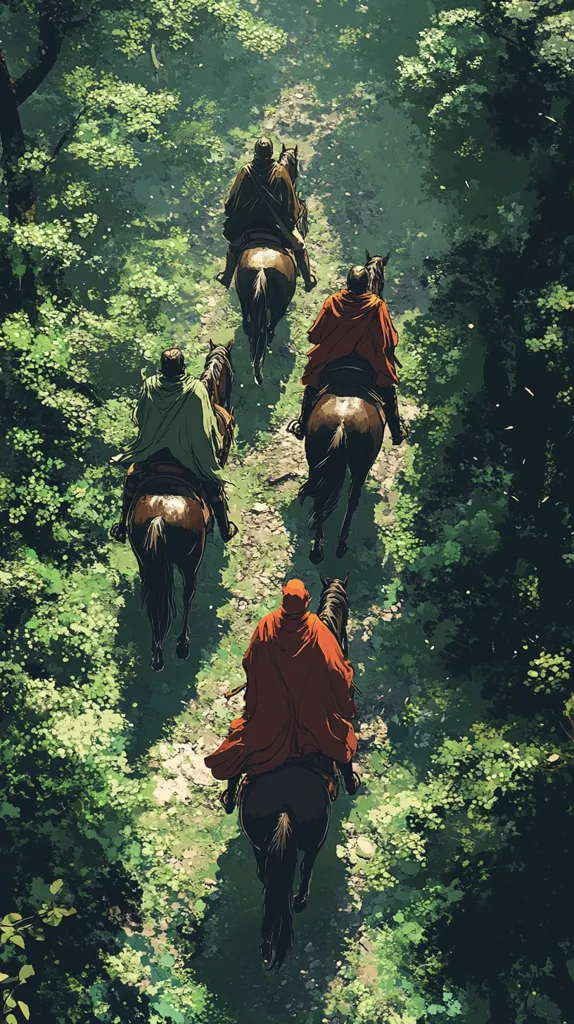 Four figures on horseback ride through a dense forest.  The riders are dressed in cloaks of red, green and brown. The foliage of the trees is a vibrant green, creating a sense of depth and mystery. The image is composed from a high angle, giving the viewer a bird's eye perspective.  The path ahead is shrouded in foliage, suggesting a journey into the unknown.