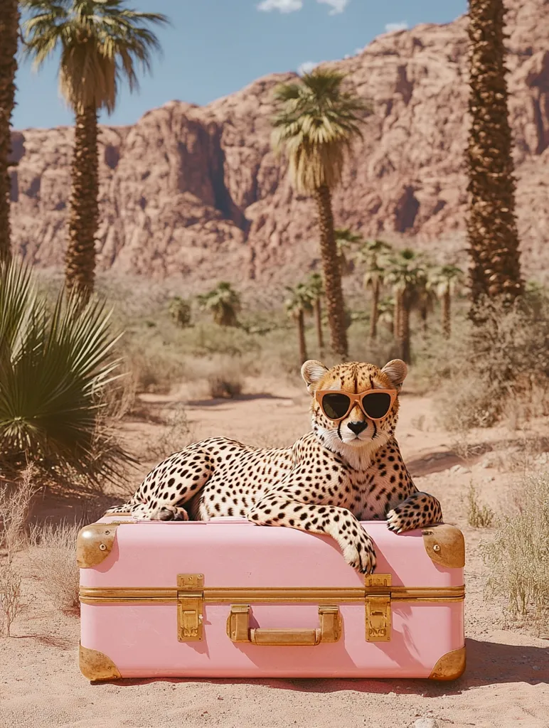 A cheetah wearing sunglasses is lying on a pink vintage suitcase in a desert landscape. The cheetah is looking directly at the camera. The background features red rock mountains and palm trees. The scene evokes a sense of adventure and wanderlust.