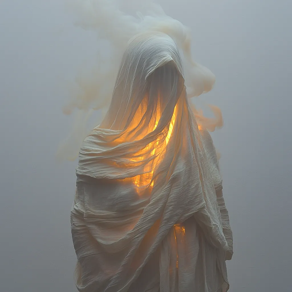 A figure is cloaked in a flowing white fabric, its form obscured.  Light shines through the folds of the fabric, creating a ghostly silhouette against a hazy background. The image evokes a sense of mystery and ethereal beauty.
