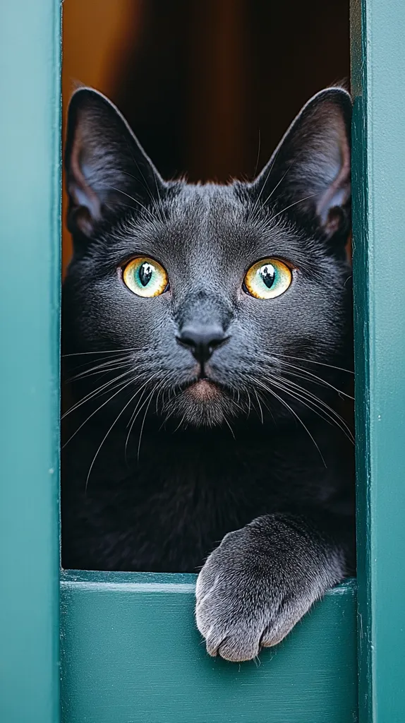 A black cat with bright green eyes peeks through a teal-colored door, its paw resting on the edge. The cat's gaze is intense and curious, its fur is soft and sleek. The background is out of focus, leaving the cat as the focal point of the image. The image evokes a sense of mystery and intrigue.