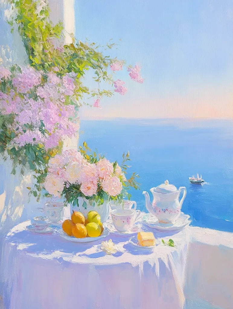 A picturesque scene of a white table set for tea, adorned with a bouquet of pink roses and ripe fruit, overlooking a vast blue sea. A lone sailboat sails in the distance under a clear sky, while a delicate pink and green flower vine drapes over the edge of the table, adding a touch of beauty to the idyllic setting.  The painting captures a peaceful and serene moment of tranquility.