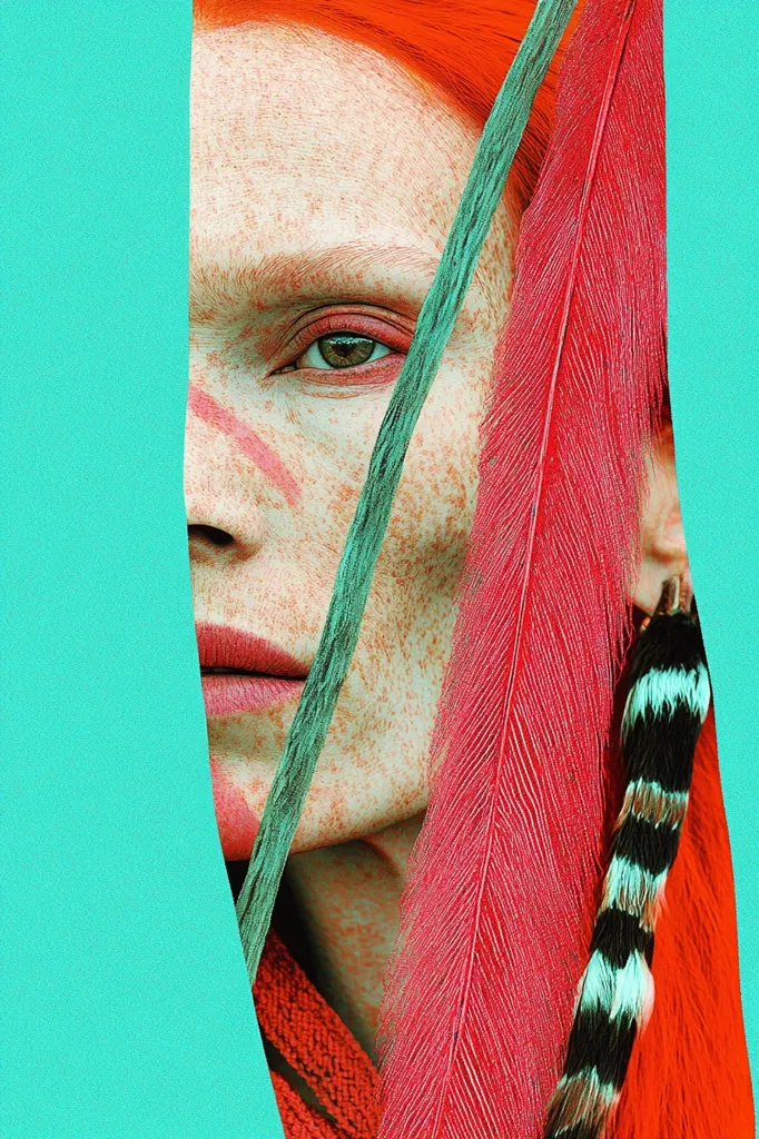 A close-up of a woman's face partially obscured by a turquoise background. Her red hair is pulled back, revealing freckled skin and a single large red feather.  She has a hint of pink makeup around her eyes and a coral lipstick. The image is saturated with color, highlighting the red and turquoise hues.
