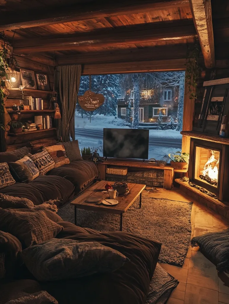 A cozy cabin with a large window overlooking a snowy forest. The room is furnished with a plush couch and a coffee table. A roaring fire crackles in the fireplace, casting a warm glow on the room.  The soft rug, comfy pillows, and flickering flames create a warm and inviting atmosphere.  The cabin is a perfect place to relax and escape the cold.