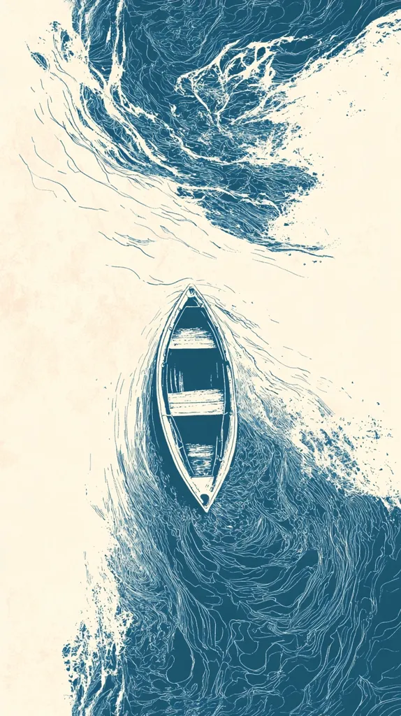 The image depicts a small boat sailing through a river with swirling, wavy currents. The boat is depicted in white, while the river is in a dark blue. The background is off-white with some faint blue lines. The overall image gives a sense of movement and depth.