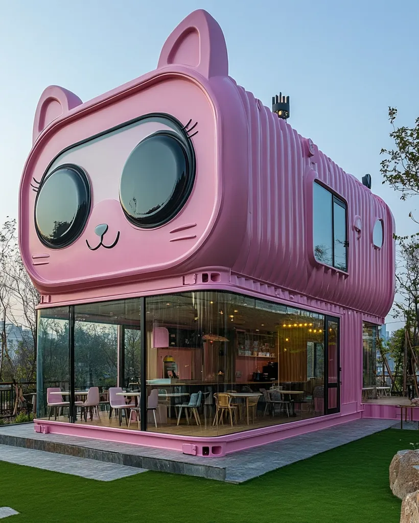 A pink, cat-shaped building with large, round eyes and a cute nose stands on a patch of artificial grass. The building has a large glass window revealing a cafe interior with tables and chairs.  The cafe has a modern, minimalist design with a clean and simple aesthetic.  The cat-shaped building is a unique and eye-catching architectural feature that adds a playful touch to the landscape.