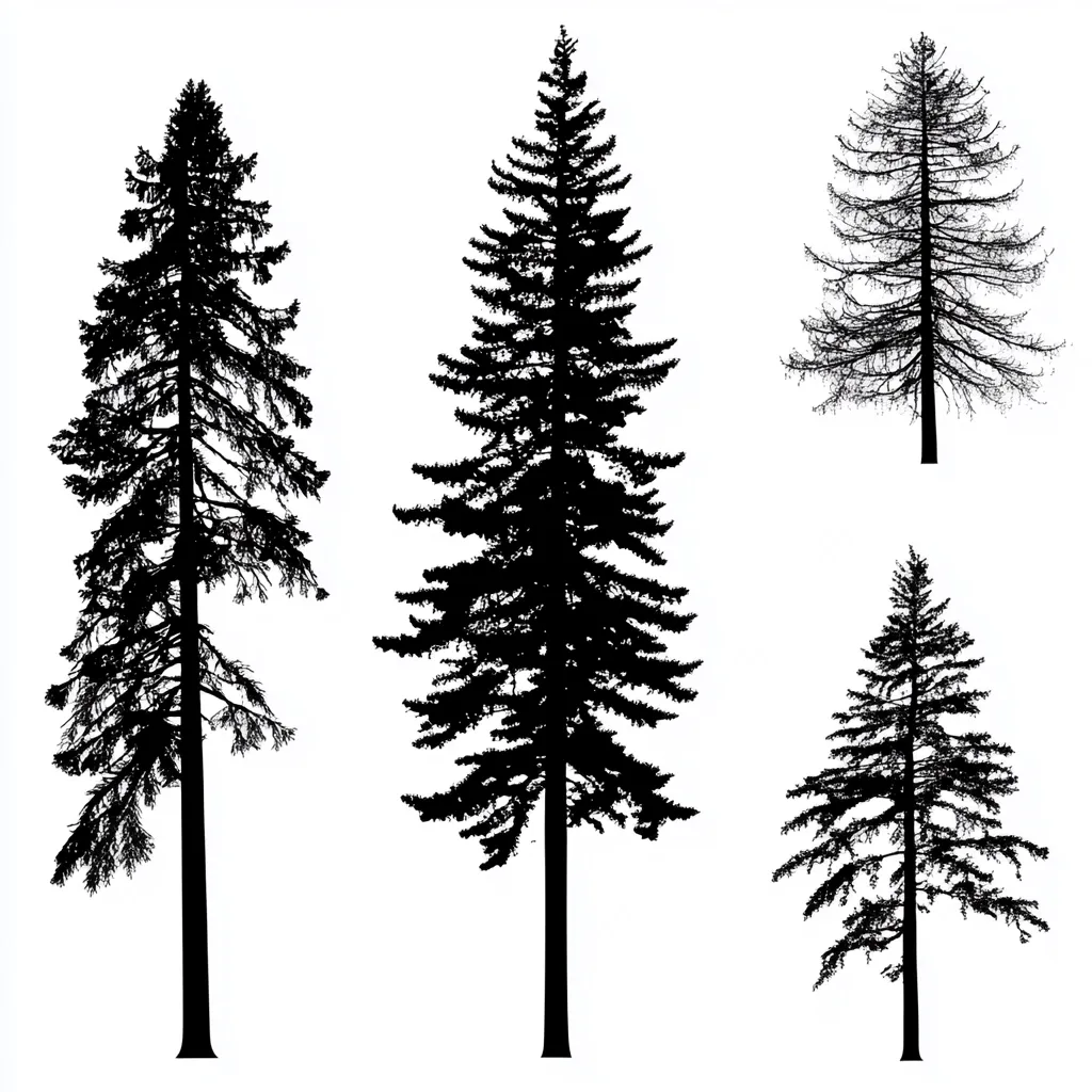 The image shows five silhouettes of pine trees against a white background. The trees are various heights and shapes, with some having full branches and others with more sparse branches. The image is simple and elegant, with a strong sense of nature and the beauty of trees.