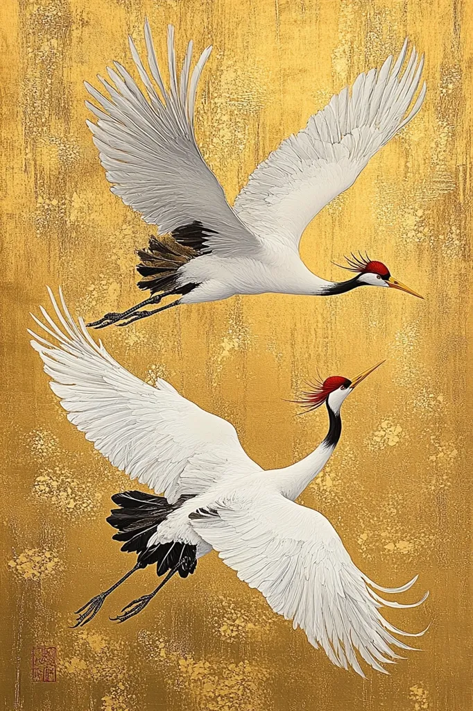 The painting depicts two white cranes in flight against a gold background. The cranes have long, slender necks, red crowns, and black and white markings on their wings and tails. The painting is done in a traditional Japanese style with meticulous detail and delicate brushstrokes. The gold background adds a sense of richness and luxury to the painting. The cranes symbolize longevity, good fortune, and marital fidelity in Japanese culture.