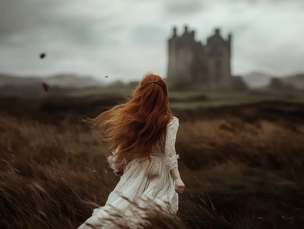 A woman with long red hair, wearing a white dress, walks away from the camera towards a stone castle in the distance. The wind blows her hair, and the sky is a stormy grey.  The image has a melancholy and romantic feel.  The long grass and the distant castle add to the sense of isolation and mystery.