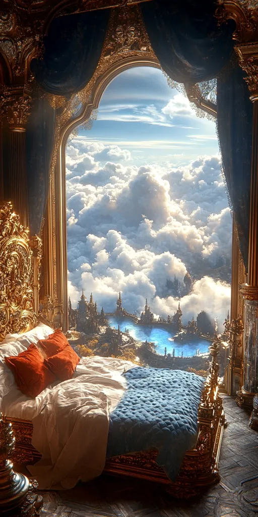 A luxuriously appointed bedroom with a golden bed frame and blue velvet curtains, framed by a large window that overlooks a stunning view of a city nestled in the clouds. The fluffy white clouds create a dreamy atmosphere. The city is made of golden spires and towers, with a shimmering blue lake in the foreground. The bed is made with white linens and a blue quilt, and two orange pillows lie at the head of the bed.  The scene is a breathtaking blend of fantasy and elegance.