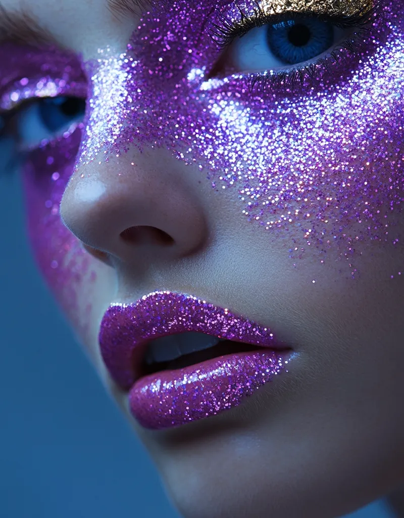 The image shows a close-up of a woman's face covered in purple glitter. Her eye makeup is dramatic with a thick black line and a thick coating of purple glitter. Her lips are also covered in purple glitter and have a glossy finish. The lighting highlights the glitter, creating a shimmering effect. The woman's expression is soft and sensual. The overall look is glamorous and playful.