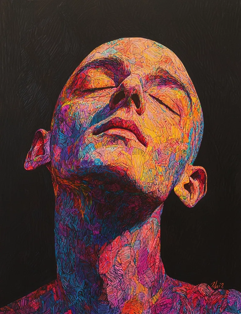The image is a close-up portrait of a bald person with their eyes closed and head tilted back, creating a sense of serenity. The subject is depicted in a vibrant, almost psychedelic style with a chaotic array of colorful lines and textures. The black background contrasts sharply with the brightly colored person, drawing the viewer's attention to the subject's expression. The overall feeling is one of calmness and introspective reflection.