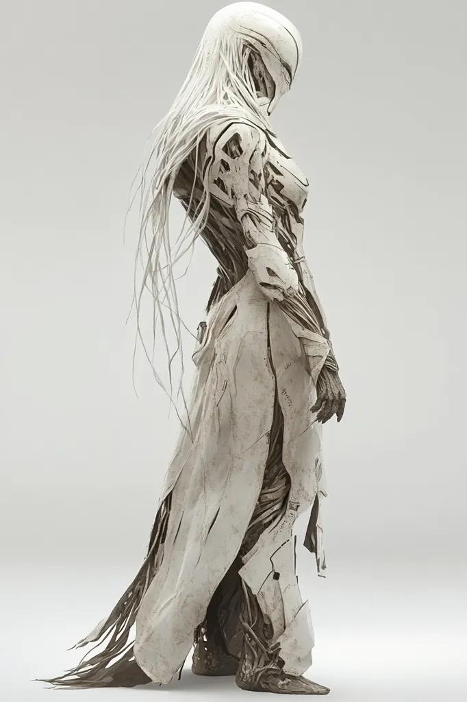 The image depicts a humanoid figure with a skeletal structure. It is covered in a white, flowing fabric that appears to be made of skin or flesh. The figure has long, flowing hair that drapes down its back, and its head is tilted downwards, giving the impression of sadness or contemplation. The image is a digital illustration created by a 3D artist. It appears to be a sci-fi or fantasy-themed character, possibly representing a fallen angel or an ethereal being. The overall tone of the image is one of melancholy and mystery.